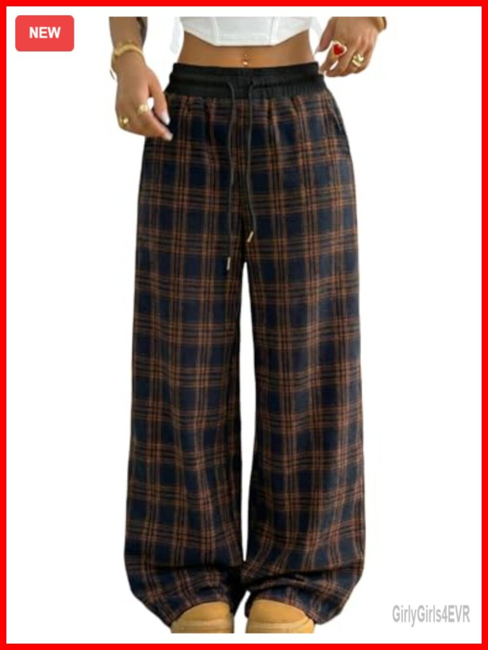 Gingham Plaid Pajama Pants Baggy Wide Leg Drawstring Sweatpants